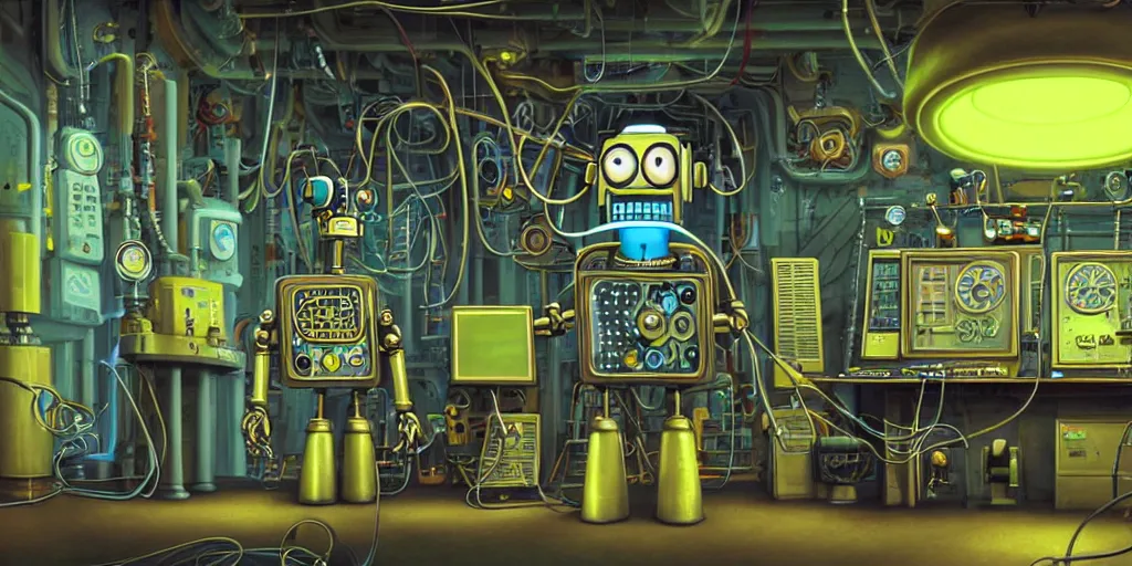 Prompt: happy Funny cartoonish steampunk robot with neon cables at a nuclear control room, by Gediminas Pranckevicius and Felix-Kelly H 704