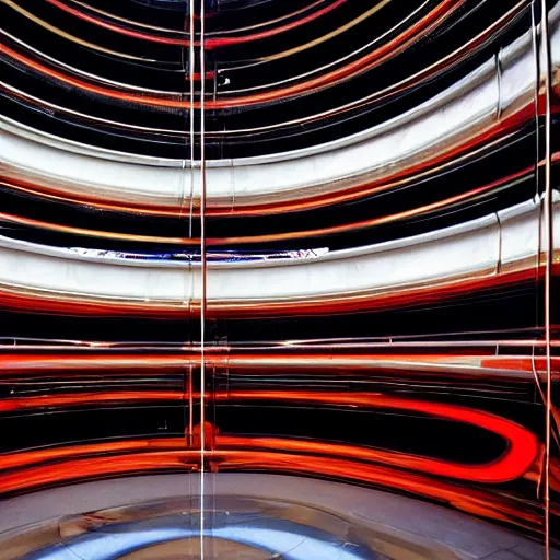 Image similar to futuristic space station with gold, red and white marble panels, by santiago calatrava, intricate contemporary architecture, photo journalism, photography, cinematic, national geographic photoshoot