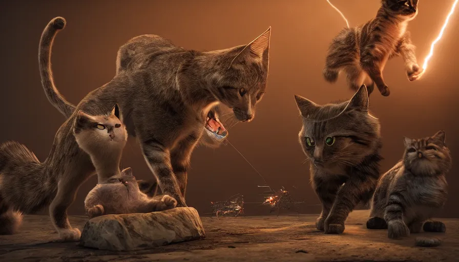 Prompt: epic battle of cats by Peleng, 3d render, octane rendered, highly detailed, cinematic lightning, rendered by maya and houdini, highly detailed, unreal engine, Trending on Artstation, octane render, 4k, 8k, HD