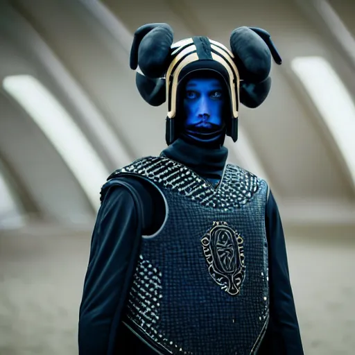 Prompt: medium face shot of adult Austin Butler dressed in futuristic-tudoresque black-prussian blue garb with embroidered Rams head emblem, and nanocarbon-vest, in an arena in Dune 2021, XF IQ4, f/1.4, ISO 200, 1/160s, 8K, face in-frame