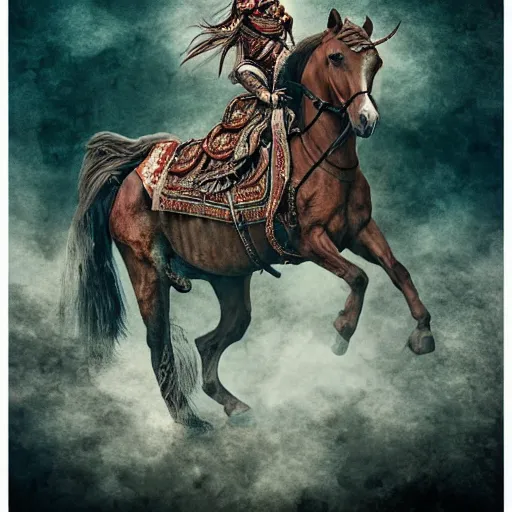 Image similar to Apsaras warrior riding a horse,traditional Chinese textures, hyper detailed, by Brook Shaden