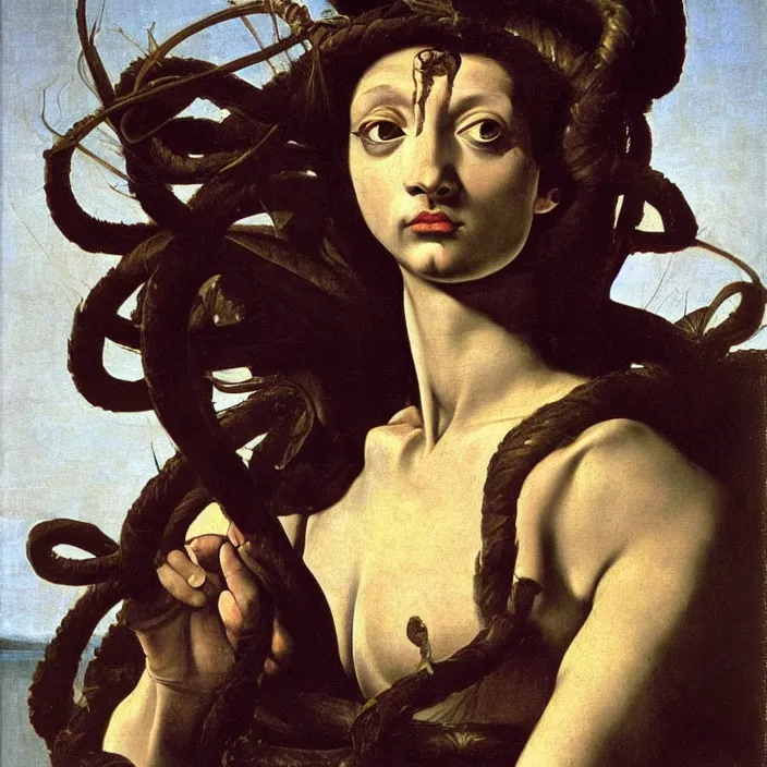 Image similar to Caravaggio-style portrait of Medusa