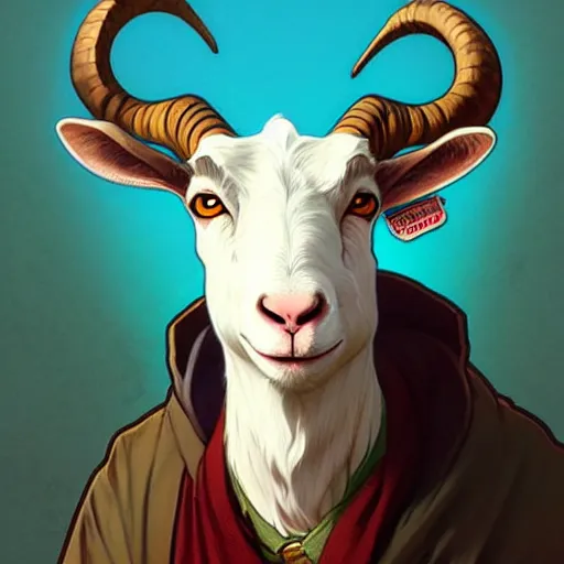 Prompt: anthropomorphic nerdy goat. Renowned character illustration by greg rutkowski, thomas kindkade, alphonse mucha, loish, norman rockwell. Trending on FurAffinity.
