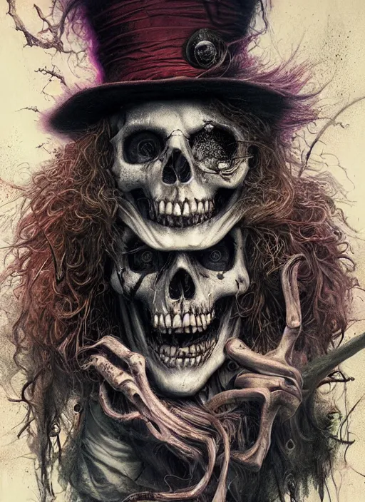 Image similar to mad hatter death tarot card, highly detailed, half skull face, cinematic, 8 k, by stanley artgermm, tom bagshaw, greg rutkowski, carne griffiths, ayami kojima, beksinski, giger, trending on deviantart, hyper detailed, horror, full of colour