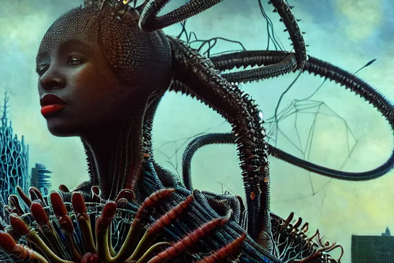 Image similar to realistic detailed closeup portrait movie shot of a beautiful black woman riding a giant spider, dystopian city landscape background by denis villeneuve, amano, yves tanguy, alphonse mucha, max ernst, ernst haeckel, caravaggio, roger dean, cyber necklace, rich moody colours, sci fi patterns, wide angle