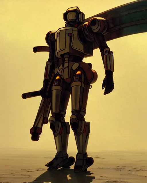 Prompt: full body portrait of a mech space samurai with jet pack and thin mech wings, hovers above ground, dust swirls under him, realistic, cinematic, atmospheric, sci - fi movie character, octane render, by moebius, alphonse mucha, roger deakins, masamune shirow