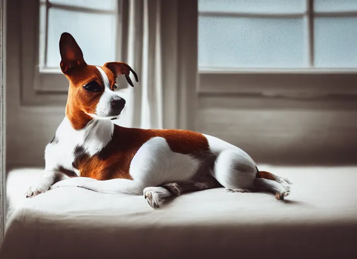 Image similar to photography of a Jack Russel . watching outside the window. on a bed. in a vintage room.,volumetric light, photorealistic,, award winning photo, 100mm, sharp, high res