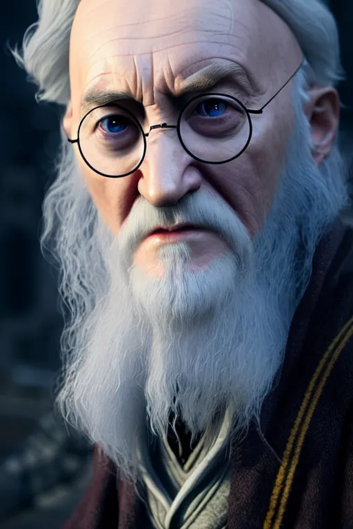 Prompt: harry potter is dumbledore, concept art by senior character artist, cgsociety, photorealism, rendered in unreal engine, official art, cold hue's