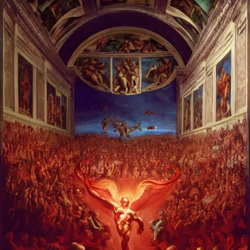 Image similar to the sistine chapel's ceiling is broken is half as a red magical portal from hell opens up, lucifer morningstar emerges along with a few demons, the priests and the pope look at the scene with terror in their eyes. highly detailed painting by gaston bussiere, greg rutkowski, craig mullins 8 k