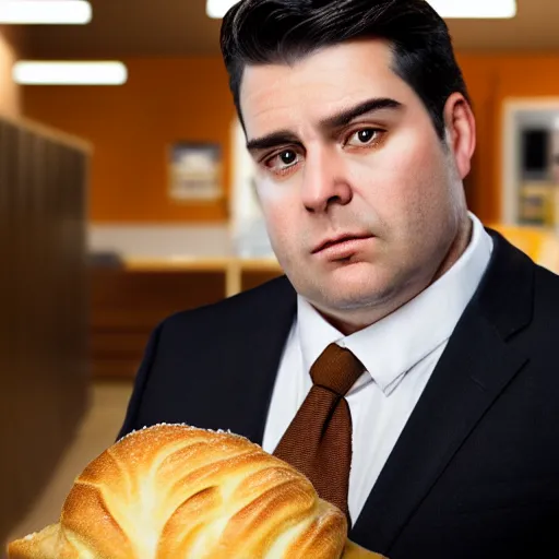 Prompt: Close up portrait of a clean-shaven chubby man with long black hair wearing a brown suit and necktie with a bakery in the background. Photorealistic. Award winning. Dramatic lighting. Intricate details. UHD 8K. He looks guilty and is giving puppy dog eyes.