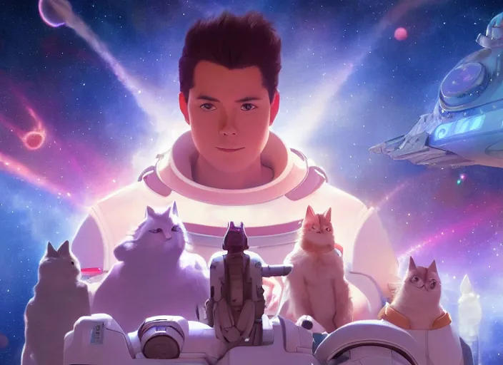 Prompt: a space handsome gay guys and their 1 0 pet space cats staring role in an awesome fun musical sci - fi space opera ghibli animated film, volumetric lighting, octane render by stanley artgerm lau, greg rutkowski, thomas kindkade, alphonse mucha, loish, norman rockwel, 8 k greg rutkowski