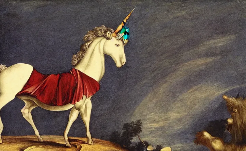 Prompt: a unicorn walking on a rainbow in the style of Caravaggio
