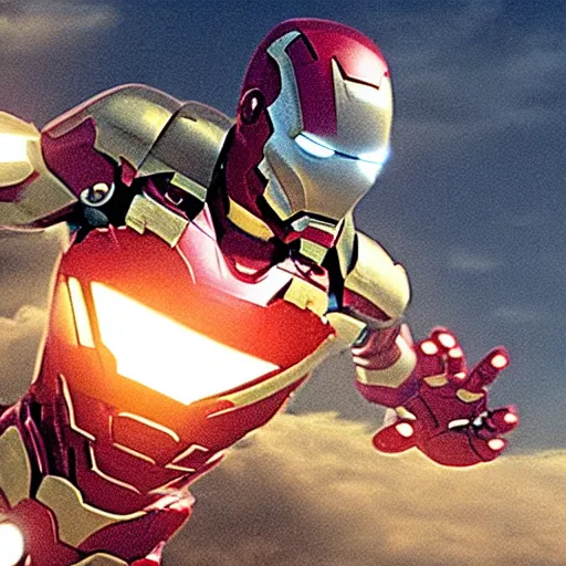 Image similar to an film still of ironman stopping giant rusty ball hit the earth, using both hands, cinematic, heroic scene