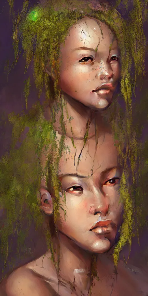 Prompt: top view full body beautiful face mulatto caught by plant venus flycatcher, gorgeous, intricate, volumetric lighting, scenery, digital painting, highly detailed, artstation, concept art, ruan jia, steve mccurry, ultra detailed painting at 16K resolution and epic visuals, epically surreally beautiful image, amazing effect, image looks crazily crisp as far as it's visual fidelity goes, absolutely outstanding, mind-breaking, Ultra High Definition