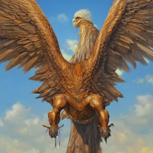 Image similar to realistic oil painting, a winged horse with an eagle head, highly detailed, trending on artstation, by james gurney and michael whelan