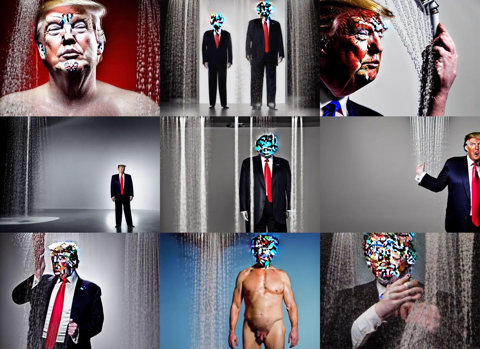 Prompt: donald trump standing in a large shower, portrait in the style of petter hegre, photoshoot