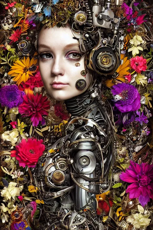 Prompt: a beautiful intricate fine art portrait photo of a a mechanical industrial steampunk cybernetic humanoid overgrown with colorful flowers, leaves and butterflies by natalie shau and zach sutton, perfection!, eyes with catchlight, golden ratio composition, studio lighting, 50mm lens, very detailed, bionic, cybernetic scifi, deep depth of field, artstation, 8K, highly coherent