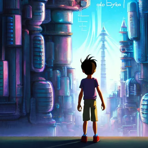 Image similar to film poster, novel cover art for a book, an adventurous boy and his small robot friend, futuristic city backgrond, eleborate composition with foreground and background, depth of field, fantasy illustration by tomoyuki yamasaki, kyoto studio, don bluth, madhouse, ufotable, square enix, cinematic lighting, trending on artstation