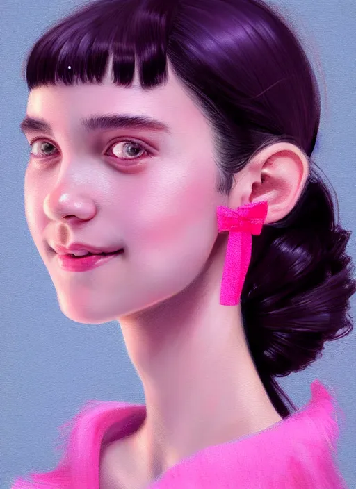 Image similar to portrait of teenage girl, narrow face, black hair, bangs, half updo hairstyle, skinny, smile, unattractive, defined jawline, big chin, wearing pink hair bow, earrings, intricate, elegant, glowing lights, highly detailed, digital painting, artstation, sharp focus, illustration, art by wlop, mars ravelo and greg rutkowski