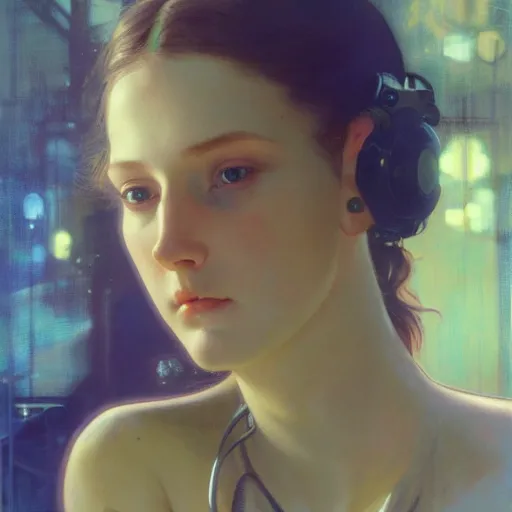 Prompt: hyperrealist portrait of a pretty young female android with large intelligent eyes standing in front of a computer simulation by jeremy mann and alphonse mucha and alan lee, fantasy art, photo realistic, dynamic lighting, artstation, poster, volumetric lighting, very detailed faces, award winning, full face, symmetry