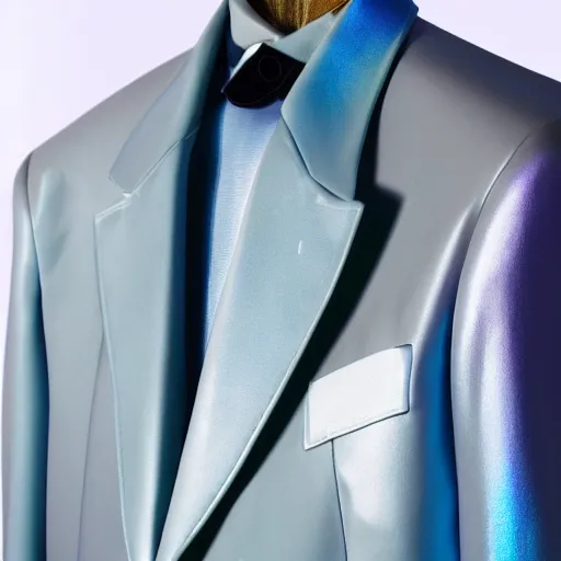 Image similar to an ultra high definition professional studio quality photograph of a transparent iridescent perspex pastel coloured sports jacket on a white coat hook in an empty white room. dramatic lighting, ray tracing, refraction, shallow d. o. f, colour corrected, golden ratio, three point light. volumetric shadows..