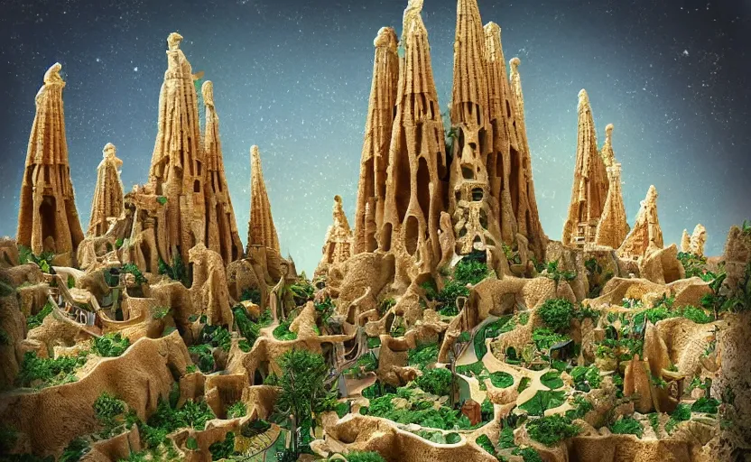 Image similar to an awesome cake designed in heavenly city with lush walkways, beautiful bioarchitecture design by kedem pitsou, m. c. escher, gaudi sagrada familia, and bisti badlands, emerald gold and beksinski, highly detailed, bokeh, beautiful, artstation