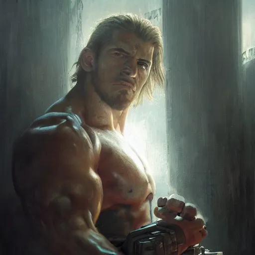 Image similar to handsome portrait of a spartan guy bodybuilder posing, radiant light, caustics, war hero, metal gear solid, ghost in the shell, by gaston bussiere, bayard wu, greg rutkowski, giger, maxim verehin