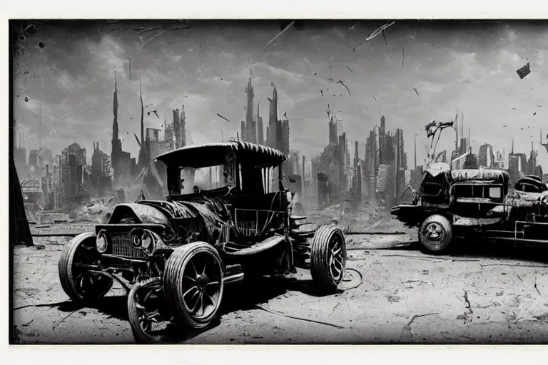 Image similar to cyberpunk 1 9 0 8 model ford t by paul lehr, jesper ejsing, metropolis, mad max, parked by view over city, vintage film photo, robotic, damaged photo, scratched photo, silent movie, black and white photo