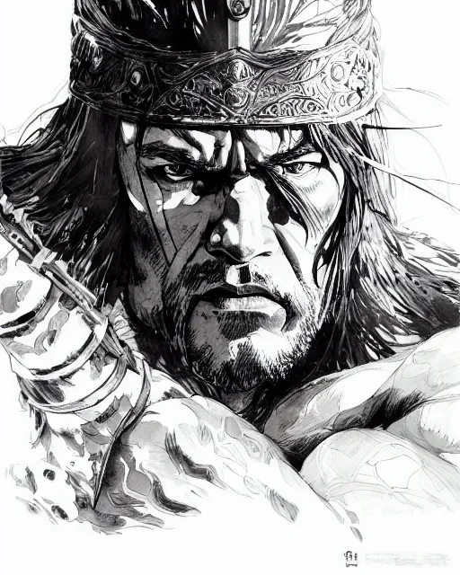 Image similar to portrait of conan the barbarian, concept art, sumi - e style, intricate linework, artstation, trending, highly detailed, smooth, focus, art by yoji shinkawa