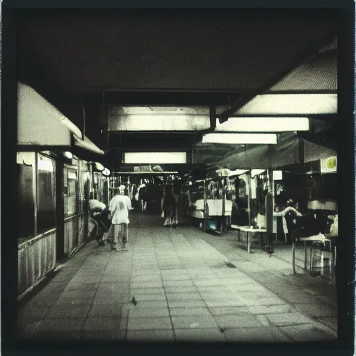 Image similar to polaroid photo of a hawker centre, cinematic lighting