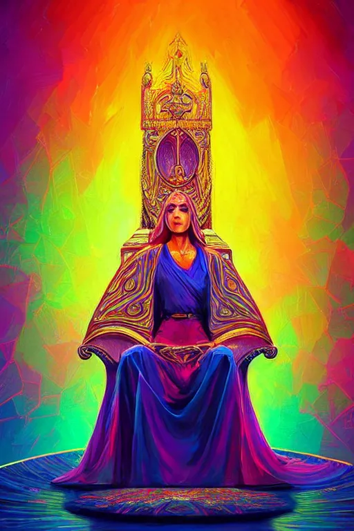 Prompt: the high priestess sits on her throne, 8 k resolution digital painting, iridescent vibrant colors, by alena aenami, by michael whelan, by pamela colman smith, behance hd, trending on artstation deviantart