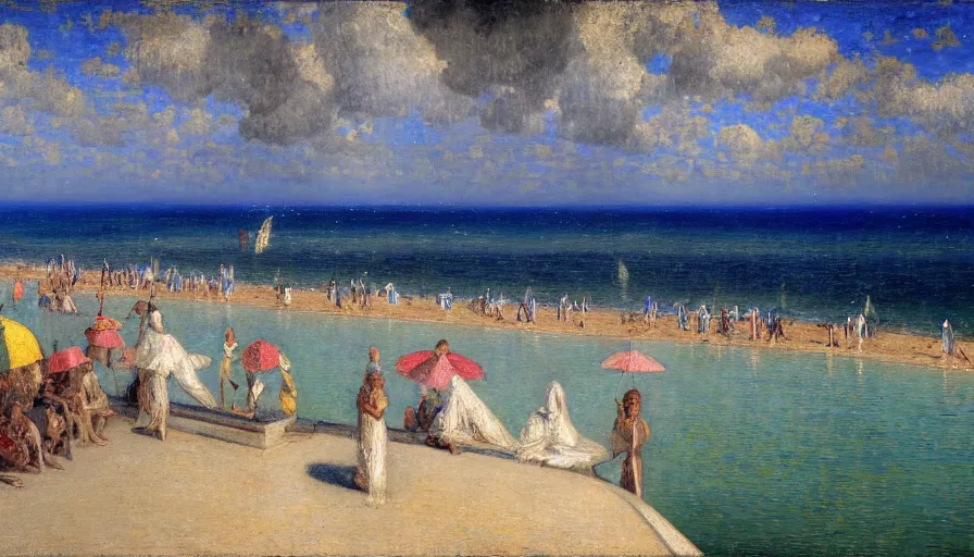 Image similar to a ultradetailed beautiful painting of the thunderstorm sky of the rio de janeiro palace balustrade designed by jules bastien - lepage, tarsila do amaral, frank weston and gustave baumann, beach, trending on artstation, mediterranean, palm trees, sharp focus, colorful refracted sparkles and lines, soft light, 8 k 4 k