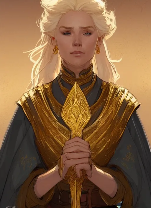 Image similar to concept art of a beautiful gold haired female healer. game of thrones character design by laurie greasley and sherree valentine daines concept art, matte, sharp focus, illustration, hearthstone, art by artgerm and greg rutkowski and alphonse mucha