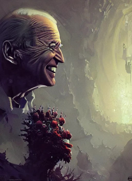 Prompt: Joe Biden grinning emperor of the world, high contrast, cosmic horror, abstract, masterpiece, trending on ArtStation, by Greg Rutkovski and by Craig Mullins and by David Cronenberg and by Ismail Inceoglu, very detailed, lovecraftian, dark, evil