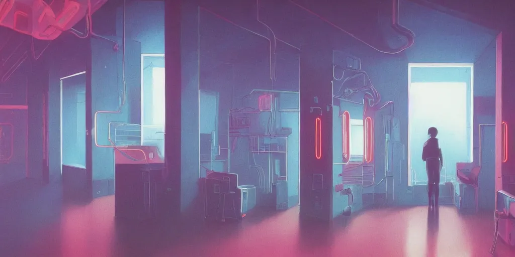 Prompt: 90s interior in the style of Peter Chung, figures, bright fluorescent lights, neon colors, cinematic, cyberpunk, smooth, chrome, lofi, nebula, calming, dramatic, fantasy, by Moebius, by zdzisław beksiński, fantasy LUT, studio ghibli, high contrast, epic composition, sci-fi, dreamlike, surreal, angelic, 8k, unreal engine, hyper realistic, fantasy concept art,