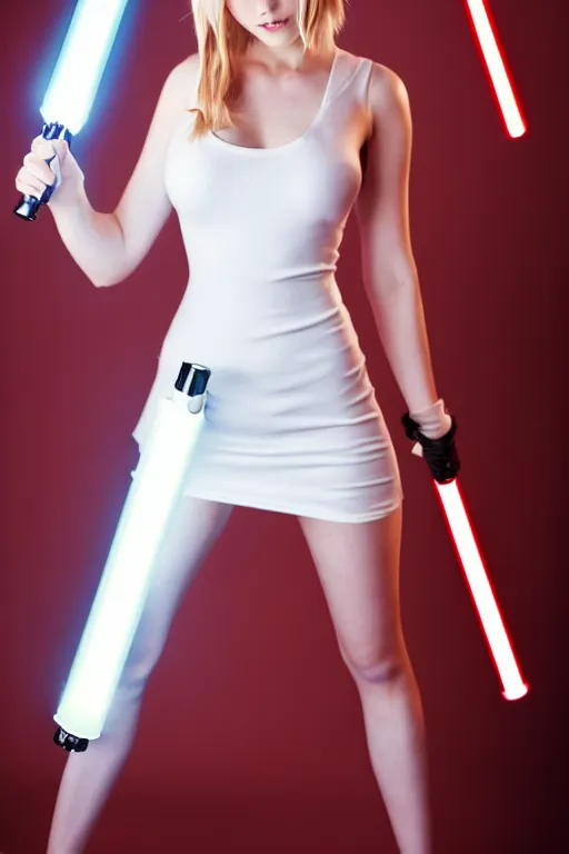 Prompt: magazine cover photo of cute sexy emily skinner cosplaying annie leonhart wearing tight white dress, wearing open toe heels, pale skin, holding a lightsaber, cinematic lighting, sharp focus, backlit, smooth, hard focus, glamour pose, full body shot