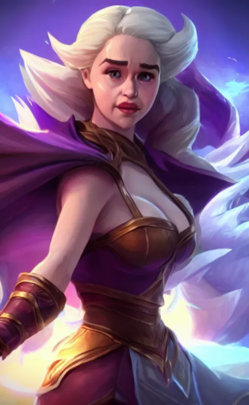 Image similar to Emilia Clarke as a character in the game League of Legends, with a background based on the game League of Legends, smiling, detailed face, old 3d graphics