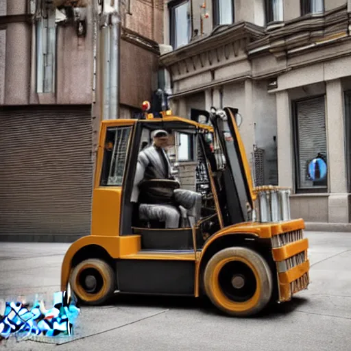 Image similar to photograph of steampunk forklift going downtown