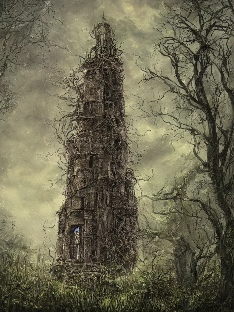 Prompt: The abandoned wizard\'s tower in the overgrown garden. Fantasy Art.