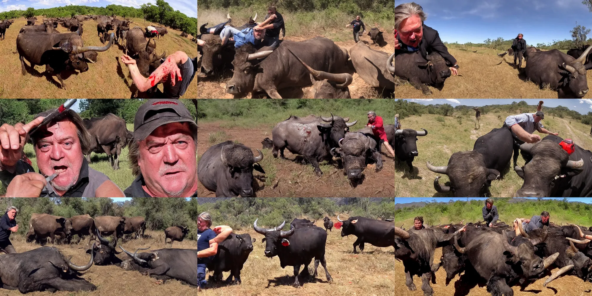 Prompt: gopro footage of steve bannon getting mangled by a water buffalo stampede, blood and bone, red meat soup