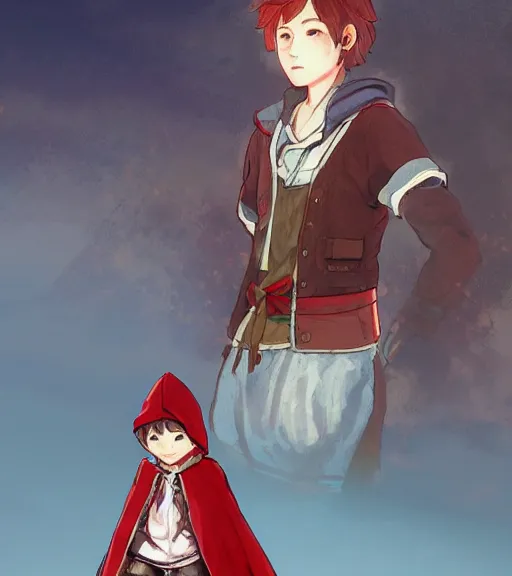 Image similar to attractive little boy character inspired in little red riding hood and venti from genshi impact, digital artwork made by akihiko yoshida and makoto shinkai