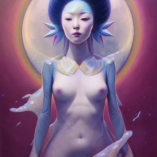 Image similar to Japanese beautiful celestial Goddess wearing a futuristic lush spacesuit exposed in cryo chambers by James Jean, rule of thirds, coherent symmetry, seductive look, intricate, elegant, highly detailed, centered, digital painting, artstation, concept art, smooth, sharp focus, illustration, by Peter Mohrbacher, WLOP