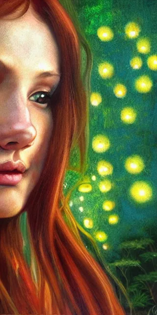 Image similar to young woman, smiling, amazed by golden fireflies lights, sitting in the midst of nature fully covered, long loose red hair, intricate linework, green eyes, small nose with freckles, oval shape face, realistic, expressive emotions, dramatic lights, spiritual scene, hyper realistic ultrafine art by cecco del caravaggio and albert bierstadt and artgerm