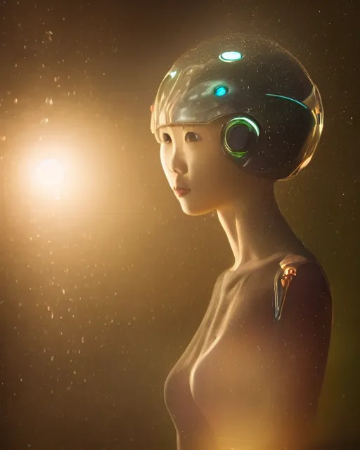 Prompt: beautiful centered photo portrait of hoyeon jung as a solarpunk robotic humanoid with white mechanical parts with bright halogen lights, walking through calm water, ultra - realistic and detailed, sunset lighting, soft focus, slow exposure hdr 8 k