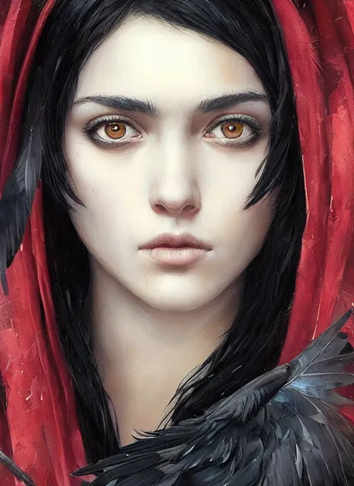 Image similar to a teenage girl with very short black hair and a huge cloak made of black raven feathers. beautiful highly detailed face. beautiful painting by artgerm and greg rutkowski and raymond swanland