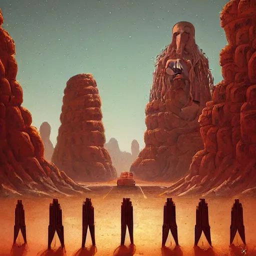 Image similar to beautiful painting of ancient colossal heads towering over wanderers in a desert of salt in the style of Simon Stålenhag and H. R. Giger, detailed, trending on Artstation