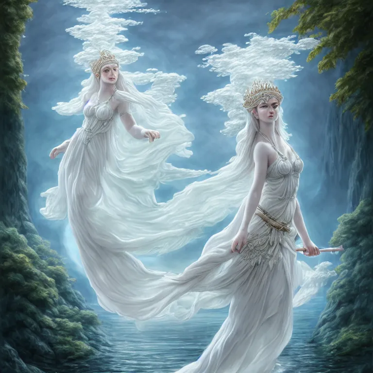 Prompt: meredit frampton style : the goddess of the lake with a large magnificent vaporous wrapped hight decorated, detailed, white roses organze cotton dress, highly detailed, d & d, water everwhere fantasy, highly detailed, digital painting, trending on artstation, concept art, sharp focus, global illumination, ray tracing, illustration, art by artgerm, fine art