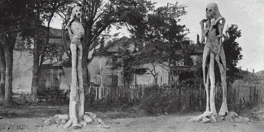 Image similar to scary unproportionable tall ghost creature in the middle of a village, 1900s picture