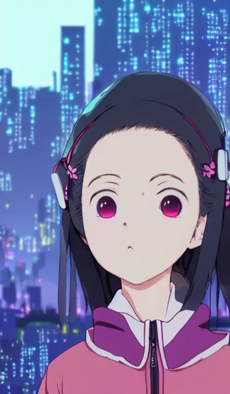 Prompt: anime fine details portrait of Nezuko in front of cyberpunk moder city landscape on the background deep bokeh, close-up view, anime masterpiece by Studio Ghibli. 8k, sharp high quality anime, artstation