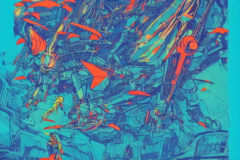 Prompt: risograph, gigantic mecha arzach birds with dragonflies, tiny rats, a lot of exotic animals around, big human faces everywhere, helicopters and tremendous birds, by satoshi kon and moebius, matte summer blue and neon orange colors, surreal psychedelic design, crispy, super - detailed, a lot of tiny details, 4 k, fullshot